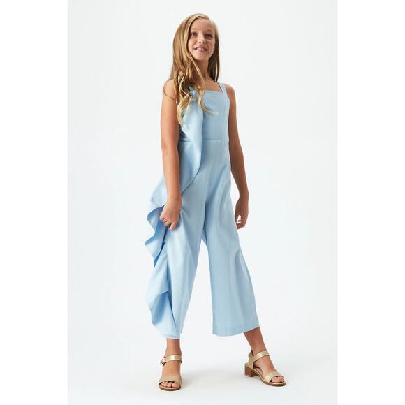 Bardot Junior Size 6 Sky Blue Nelly Jumpsuit Asymmetric Frill Detail O3-11